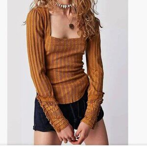 Free People Could I Love You More Top Ribbed Boho Ruffle in Tigers Eye Gold XS